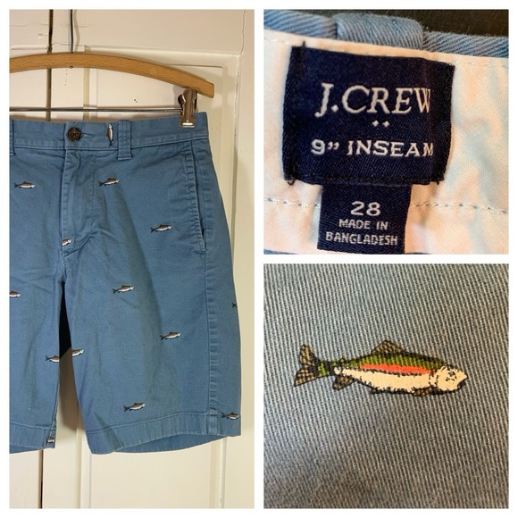 J Crew Fish Shorts Blue 9" Gramercy Flex Khaki Mens Size 28 Preppy Fishing AL101 - Picture 1 of 13